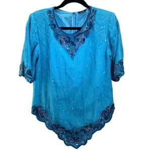 Crystals Women Blouse Size L Turquoise Beaded Sequin Scalloped Hem Mermaidcore